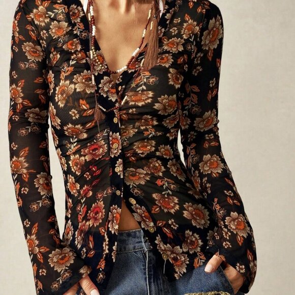 Multicolor Casual Women's Boho Lace mesh V-Neck Flared Sleeve Blouse - Picture 1 of 7